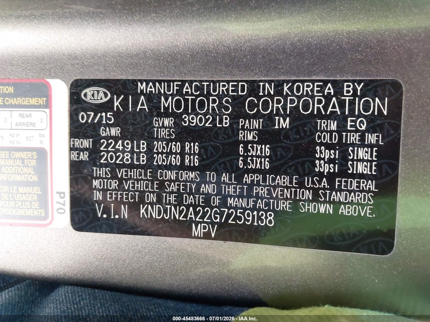 2016 Kia Soul VIN KNDJN2A22G7259138 IAAI salvage auction — NORMAL WEAR, Original (Maine), sold $675 on 2026-07-17 (photo 9)