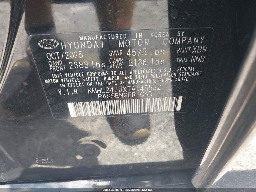 2026 Hyundai Sonata VIN KMHL24JJXTA145532 IAAI salvage auction — REAR END, Rebuildable (Florida), sold $5,775 on 2026-07-09 (photo 9)