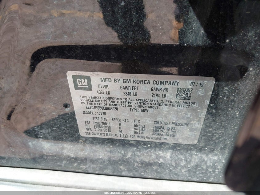 2020 Chevrolet Trax VIN KL7CJPSB6LB008028 IAAI salvage auction — FRONT END, Clear (Michigan), sold $5,200 on 2026-07-20 (photo 9)