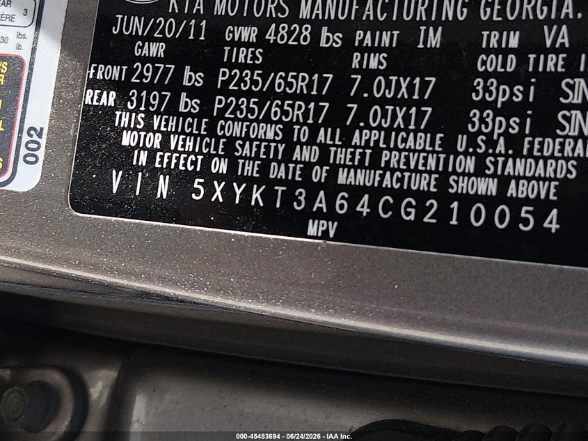 2012 Kia Sorento VIN 5XYKT3A64CG210054 IAAI salvage auction — NORMAL WEAR, Peddle Clear Public-Restricted (Oregon), sold $325 on 2026-07-29 (photo 9)