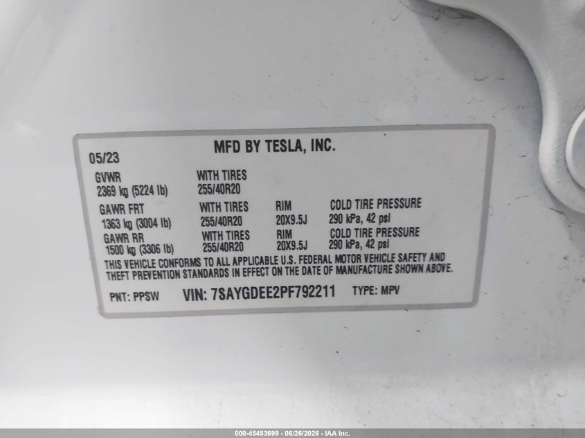 2023 Tesla Model y VIN 7SAYGDEE2PF792211 IAAI salvage auction — FRONT END, Salvage Title, sold $9,750 on 2026-08-27 (photo 9)