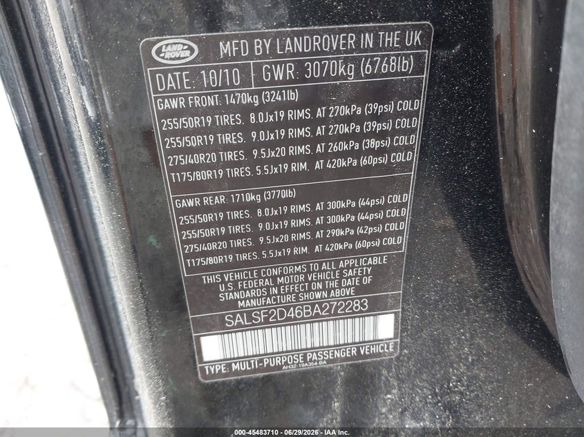 2011 Land rover Range rover sport VIN SALSF2D46BA272283 IAAI salvage auction — NORMAL WEAR, Clear (Virginia), sold $25 on 2026-07-31 (photo 9)