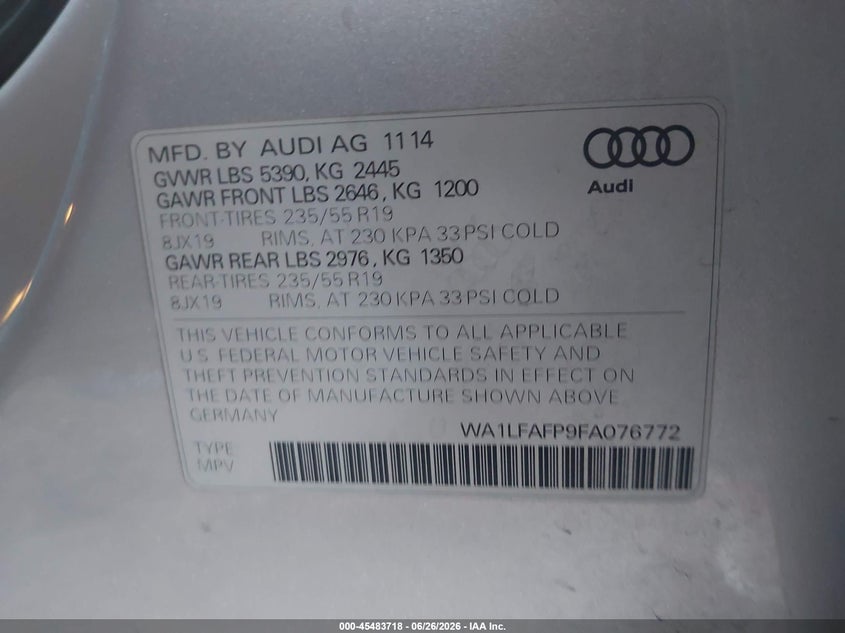 2015 Audi Q5 VIN WA1LFAFP9FA076772 IAAI salvage auction — FRONT END, Salvage (Arizona), sold $1,150 on 2026-07-28 (photo 9)