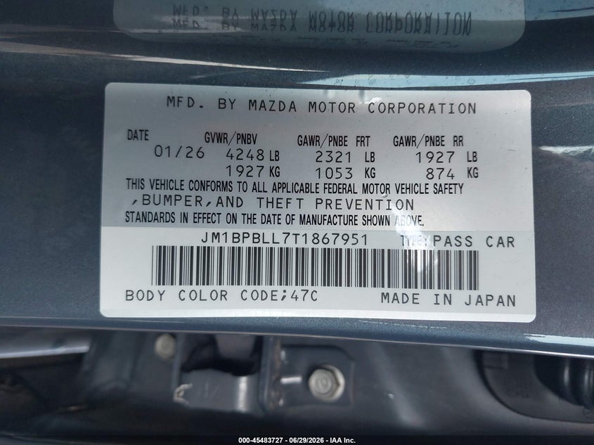 2026 Mazda 3 VIN JM1BPBLL7T1867951 IAAI salvage auction — FRONT END, Clear (New Jersey), sold $5,600 on 2026-07-10 (photo 9)
