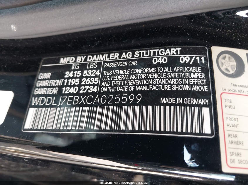 2012 Mercedes-benz Cls-klasse amg VIN WDDLJ7EBXCA025599 IAAI salvage auction — RIGHT SIDE, Salvage (Illinois), sold $5,000 on 2026-08-12 (photo 9)