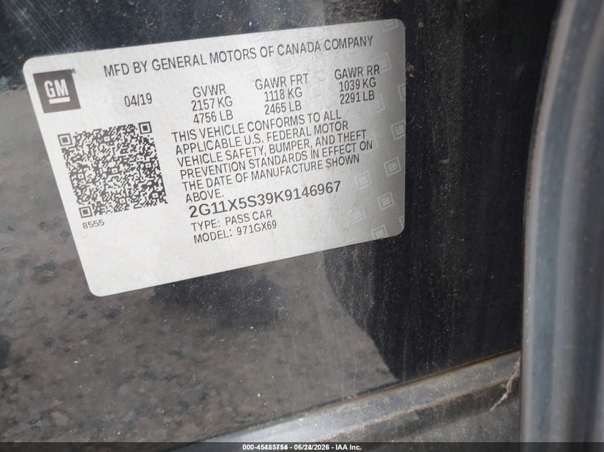 2019 Chevrolet Impala VIN 2G11X5S39K9146967 IAAI salvage auction — ROOF, Sf97 (Louisiana), sold $12,300 on 2026-08-03 (photo 9)