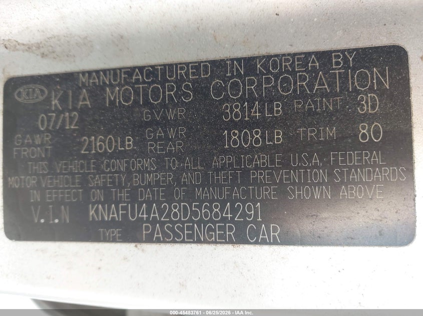 2013 Kia Forte VIN KNAFU4A28D5684291 IAAI salvage auction — NORMAL WEAR, Clear (New Jersey), sold $1,075 on 2026-07-16 (photo 9)