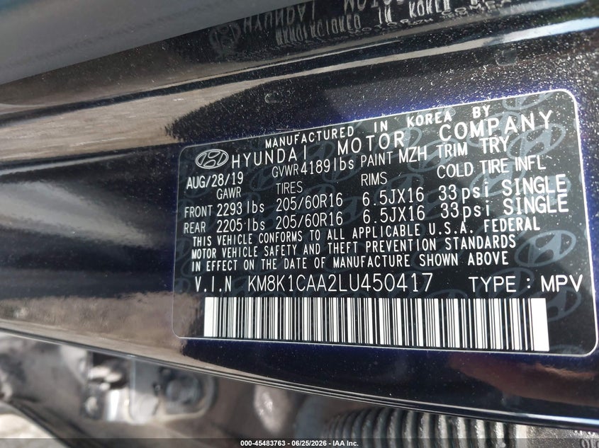 2020 Hyundai Kona VIN KM8K1CAA2LU450417 IAAI salvage auction — FRONT END, Salvage (Virginia), sold $2,700 on 2026-07-28 (photo 9)