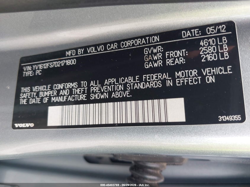 2013 Volvo S60 VIN YV1612FS7D2171800 IAAI salvage auction — FRONT END, Wait Title, sold $350 on 2026-08-20 (photo 9)
