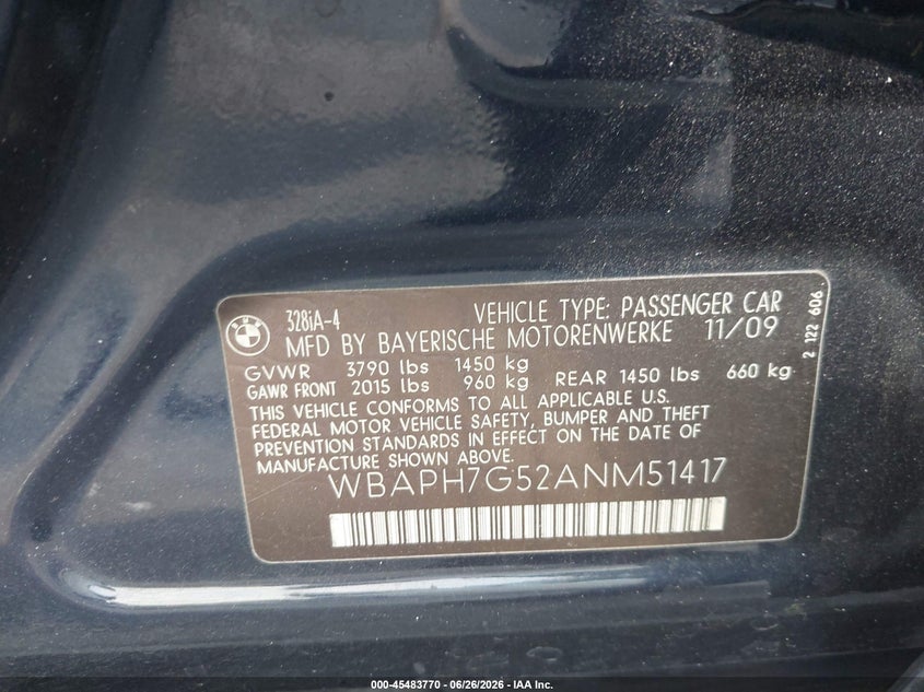 2010 BMW 3 series VIN WBAPH7G52ANM51417 IAAI salvage auction — FRONT END, Certificate Of Destruction (Florida), sold $375 on 2026-07-16 (photo 9)