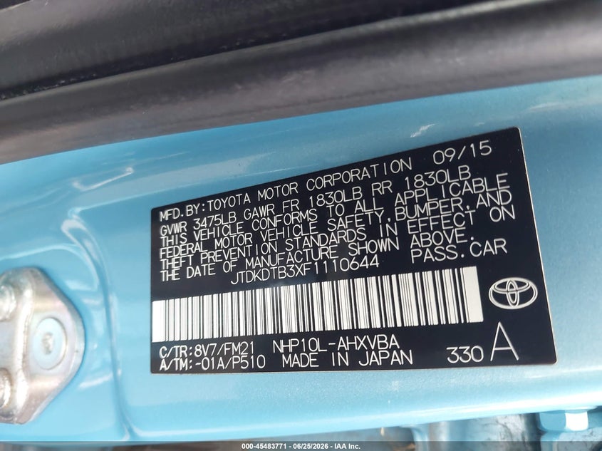 2015 Toyota Prius c VIN JTDKDTB3XF1110644 IAAI salvage auction — LEFT FRONT, Salvage Title, sold $1,750 on 2026-07-17 (photo 9)