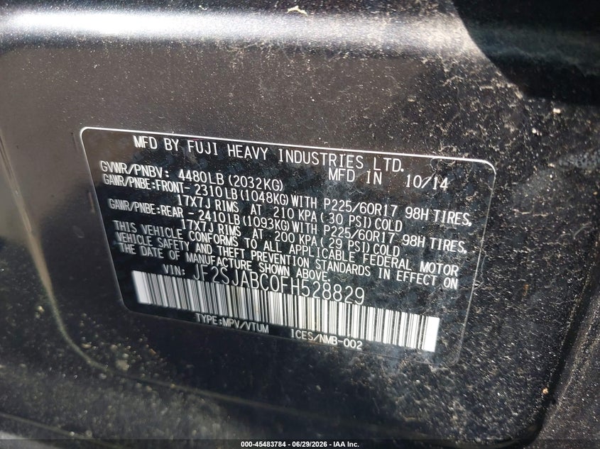 2015 Subaru Forester VIN JF2SJABC0FH528829 IAAI salvage auction — FRONT END, Salvage Title, sold $875 on 2026-07-24 (photo 9)