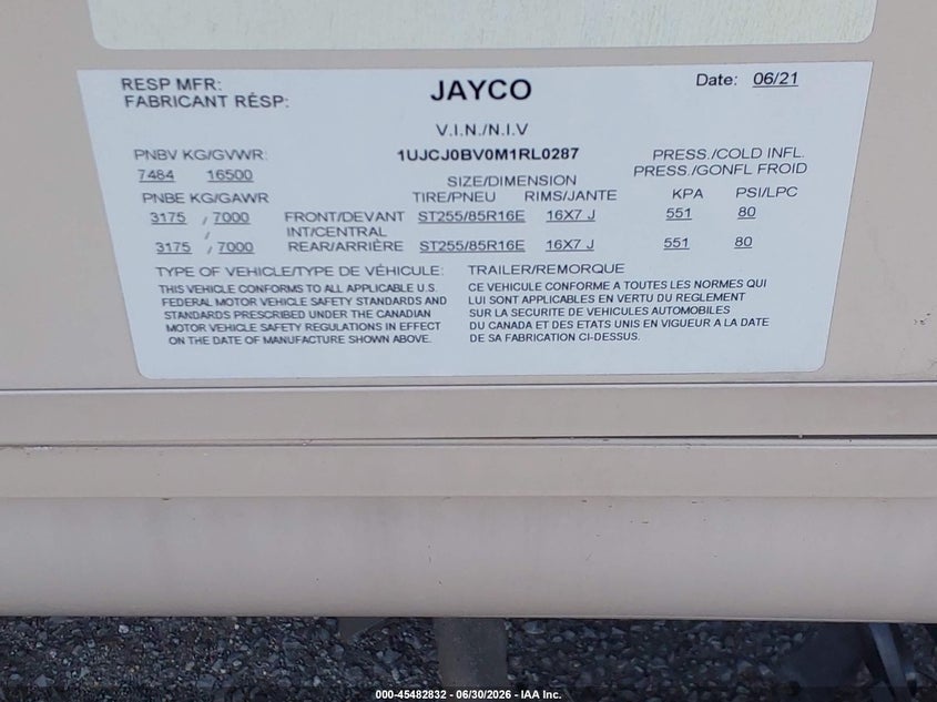 2021 Jayco Pinnacle VIN 1UJCJ0BV0M1RL0287 IAAI salvage auction — WATER/FLOOD, Salvage (Louisiana), sold $14,150 on 2026-08-05 (photo 9)