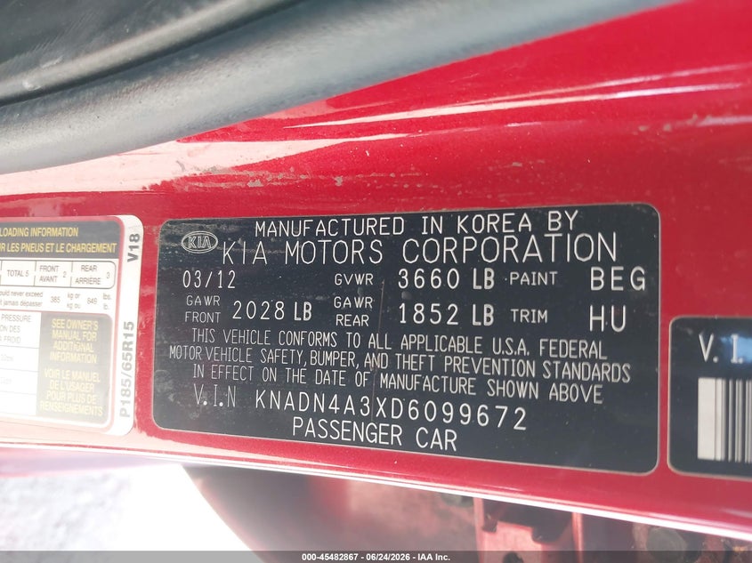 2013 Kia Rio VIN KNADN4A3XD6099672 IAAI salvage auction — UNKNOWN, Clear - Dealer Only (California), sold $675 on 2026-07-22 (photo 9)