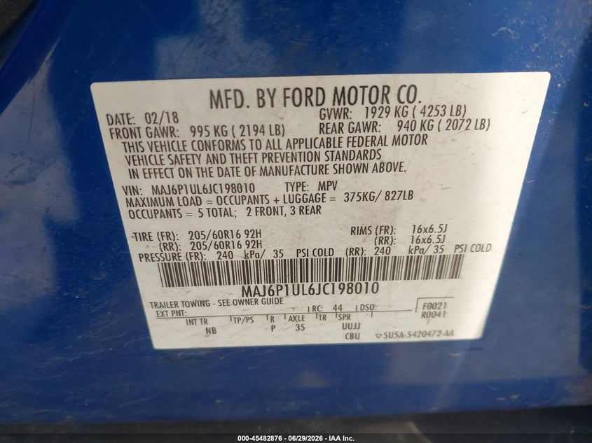 2018 Ford Ecosport VIN MAJ6P1UL6JC198010 IAAI salvage auction — FRONT END, Salvage (Ohio), sold $1,725 on 2026-07-14 (photo 9)