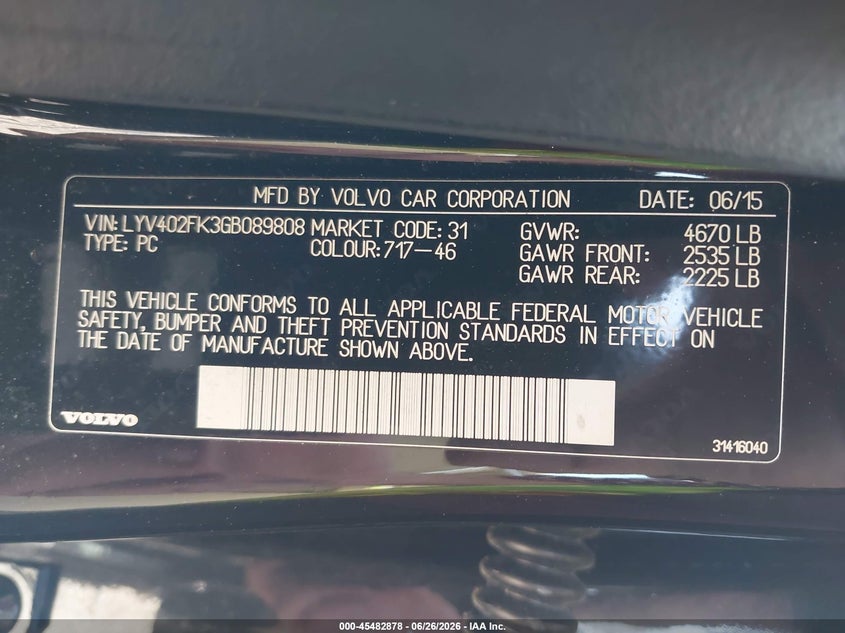 2016 Volvo VIN LYV402FK3GB089808 IAAI salvage auction — FRONT END, Salvage (Alabama), sold $375 on 2026-07-31 (photo 9)