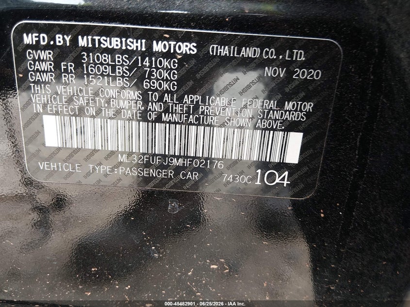 2021 Mitsubishi Mirage VIN ML32FUFJ9MHF02176 IAAI salvage auction — FRONT END, Salvage (Georgia), sold $1,950 on 2026-07-30 (photo 9)