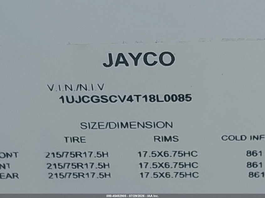 2026 Jayco Other VIN 1UJCGSCV4T18L0085 IAAI salvage auction — SIDE, Salvage (Indiana), sold $18,100 on 2026-09-08 (photo 9)