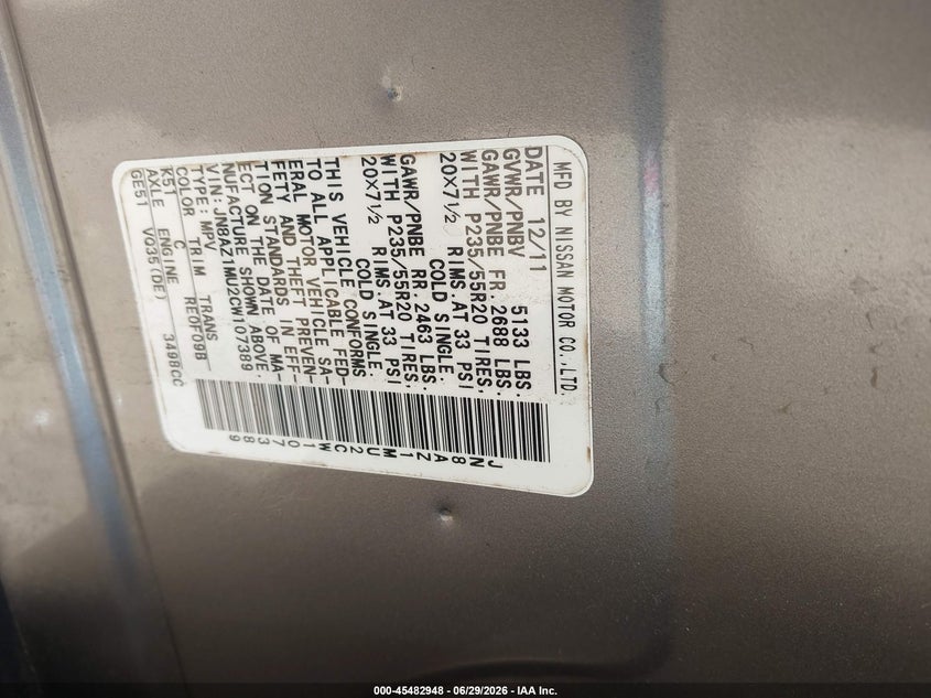 2012 Nissan Murano VIN JN8AZ1MU2CW107389 IAAI salvage auction — REAR END, Salvage (Alabama), sold $225 on 2026-07-15 (photo 9)