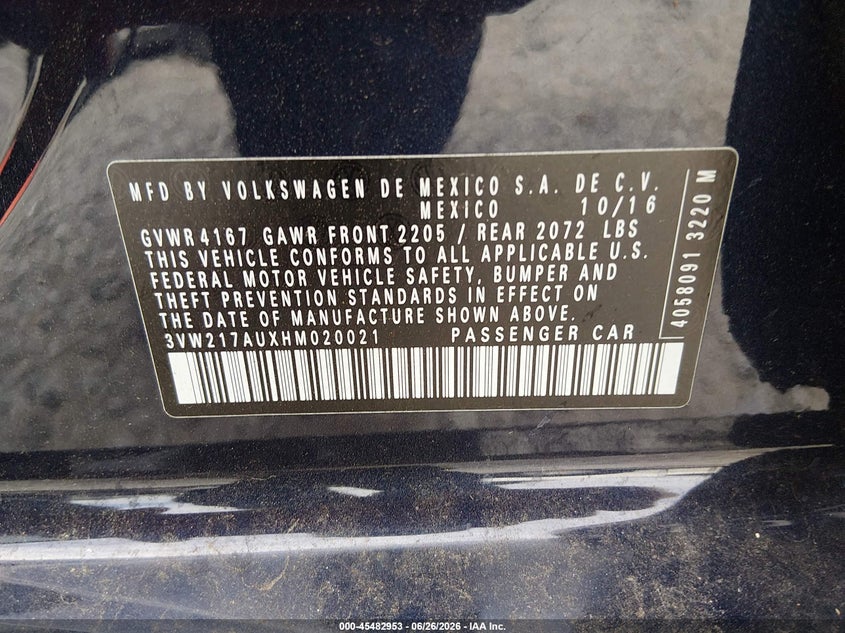 2017 Volkswagen Golf VIN 3VW217AUXHM020021 IAAI salvage auction — REAR END, Salvage Title, sold $4,125 on 2026-08-31 (photo 9)