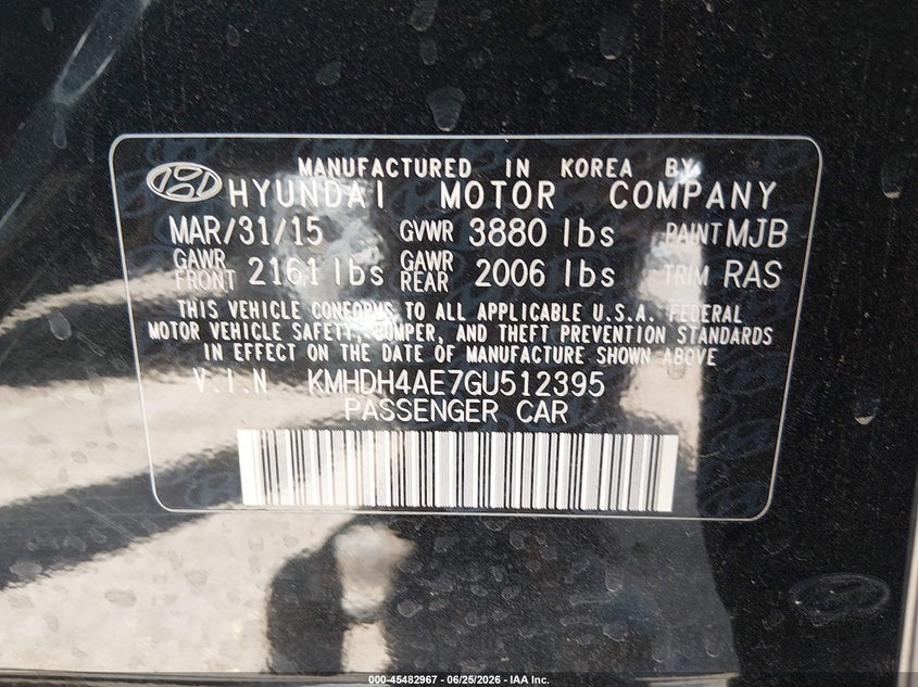 2016 Hyundai Elantra VIN KMHDH4AE7GU512395 IAAI salvage auction — RIGHT FRONT, Salvage (Arizona), sold $1,950 on 2026-07-09 (photo 9)