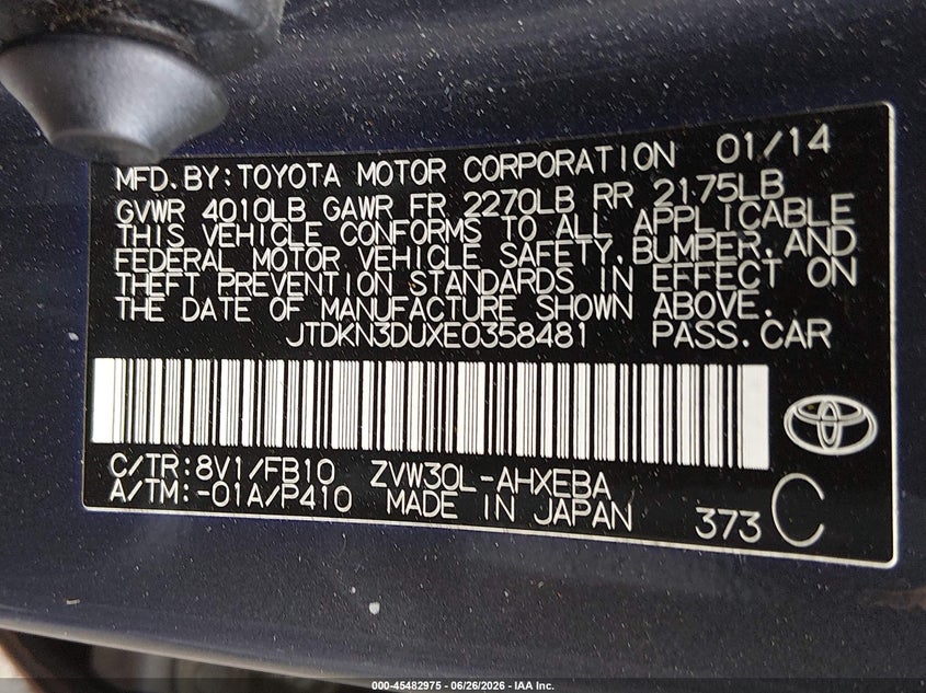 2014 Toyota Prius VIN JTDKN3DUXE0358481 IAAI salvage auction — LEFT REAR, Bill Of Sale (Washington), sold $1,350 on 2026-07-29 (photo 9)