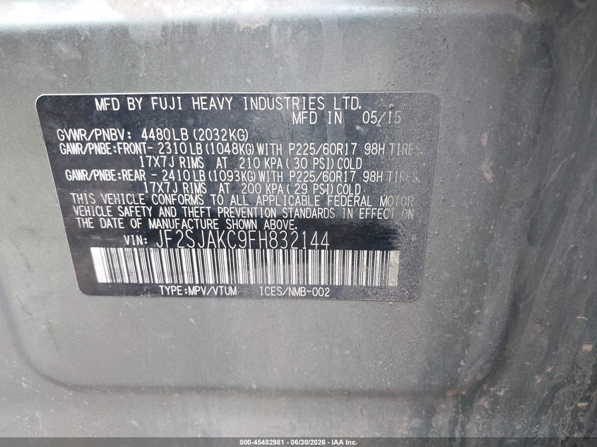 2015 Subaru Forester VIN JF2SJAKC9FH832144 IAAI salvage auction — NORMAL WEAR, Clear (New York), sold $375 on 2026-07-21 (photo 9)