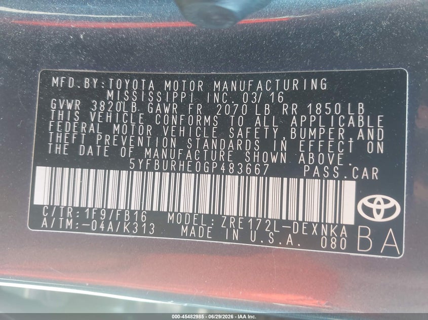 2016 Toyota Corolla VIN 5YFBURHE0GP483667 IAAI salvage auction — FRONT END, Salvage Title, sold $1,700 on 2026-07-17 (photo 9)