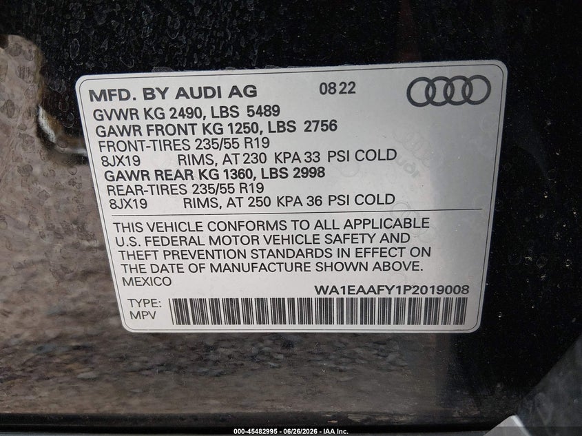 2023 Audi Q5 VIN WA1EAAFY1P2019008 IAAI salvage auction — FRONT END, Salvage Title, sold $13,200 on 2026-08-26 (photo 9)