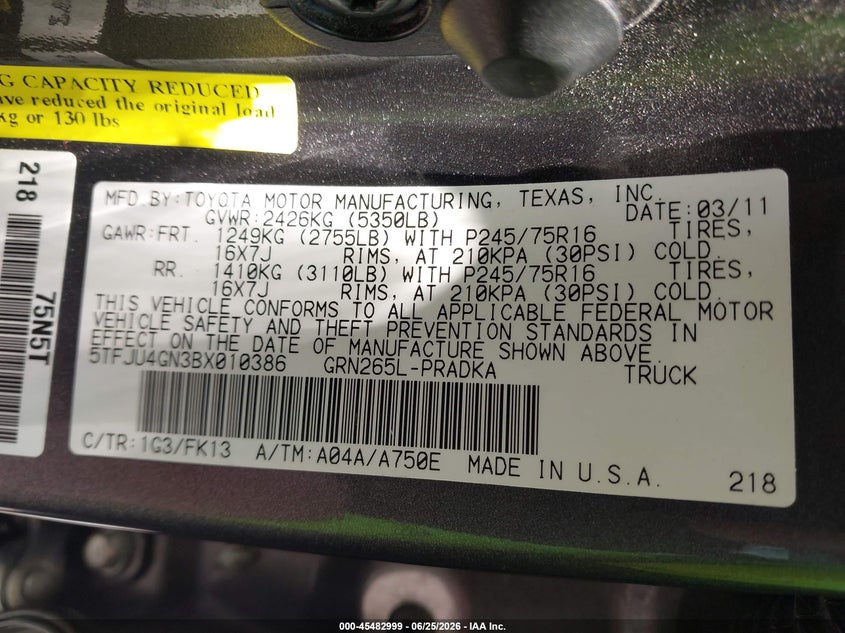 2011 Toyota Tacoma VIN 5TFJU4GN3BX010386 IAAI salvage auction — NORMAL WEAR, Original (Texas), sold $6,200 on 2026-07-15 (photo 9)