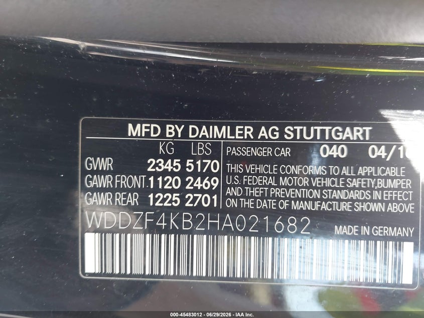 2017 Mercedes-benz E-klasse VIN WDDZF4KB2HA021682 IAAI salvage auction — FRONT END, Salvage (Pennsylvania), sold $5,950 on 2026-07-28 (photo 9)