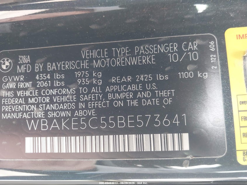 2011 BMW 3 series VIN WBAKE5C55BE573641 IAAI salvage auction — MECHANICAL, Salvage (California), sold $825 on 2026-07-11 (photo 9)