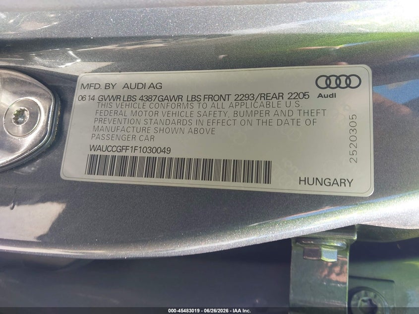 2015 Audi A3 VIN WAUCCGFF1F1030049 IAAI salvage auction — NORMAL WEAR, Salvage (California), sold $425 on 2026-07-09 (photo 9)