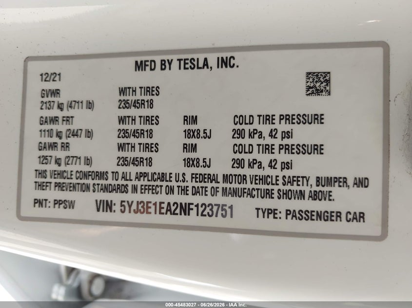 2022 Tesla Model 3 VIN 5YJ3E1EA2NF123751 IAAI salvage auction — RIGHT FRONT, Salvage Title, sold $6,650 on 2026-09-01 (photo 9)