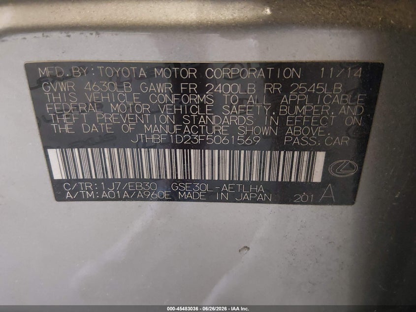 2015 Lexus Is VIN JTHBF1D23F5061569 IAAI salvage auction — FRONT & REAR, Salvage (Tennessee), sold $3,500 on 2026-07-20 (photo 9)