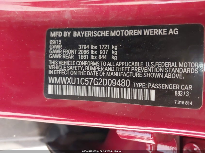 2016 Mini Hard top VIN WMWXU1C57G2D09480 IAAI salvage auction — FRONT END, Salvage (Utah), sold $125 on 2026-07-29 (photo 9)