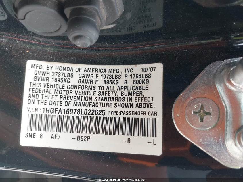 2008 Honda Civic VIN 1HGFA16978L022625 IAAI salvage auction — SIDE, Salvage (Kansas), sold $2,000 on 2026-07-12 (photo 9)