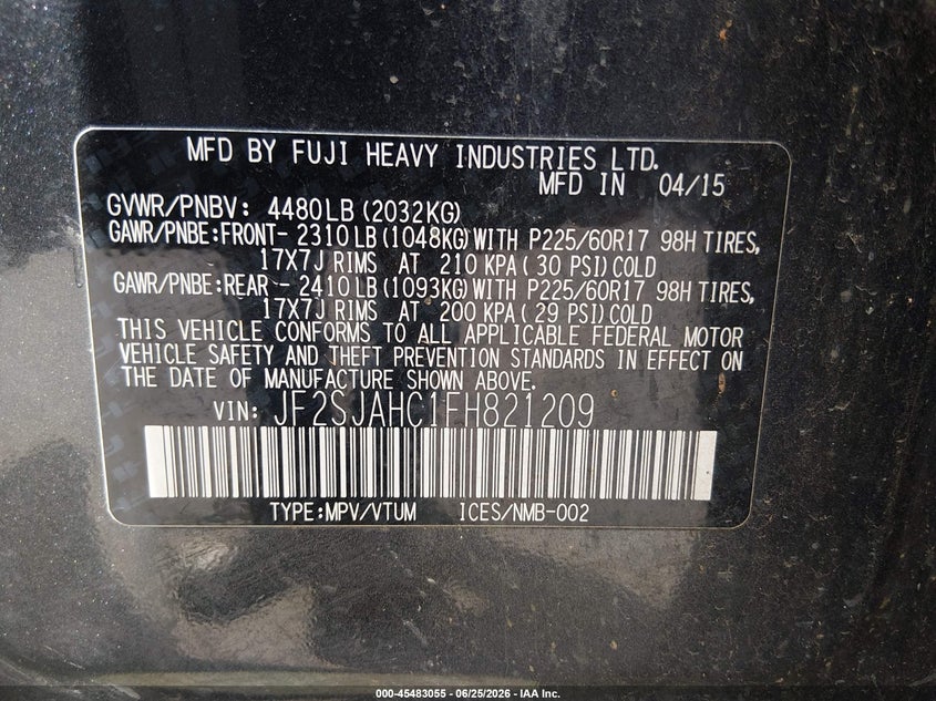 2015 Subaru Forester VIN JF2SJAHC1FH821209 IAAI salvage auction — NORMAL WEAR, Clear (Arkansas), sold $1,425 on 2026-07-28 (photo 9)