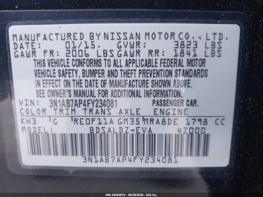 2015 Nissan Sentra VIN 3N1AB7AP4FY234081 IAAI salvage auction — REAR END, Mv-907A (New York), sold $400 on 2026-07-09 (photo 9)