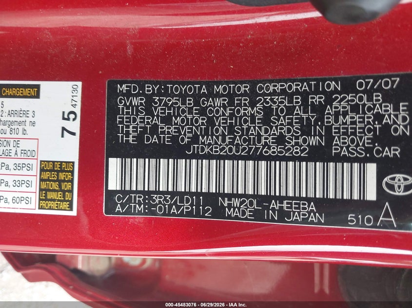 2007 Toyota Prius VIN JTDKB20U277685282 IAAI salvage auction — NORMAL WEAR, Original (Texas), sold $100 on 2026-07-30 (photo 9)