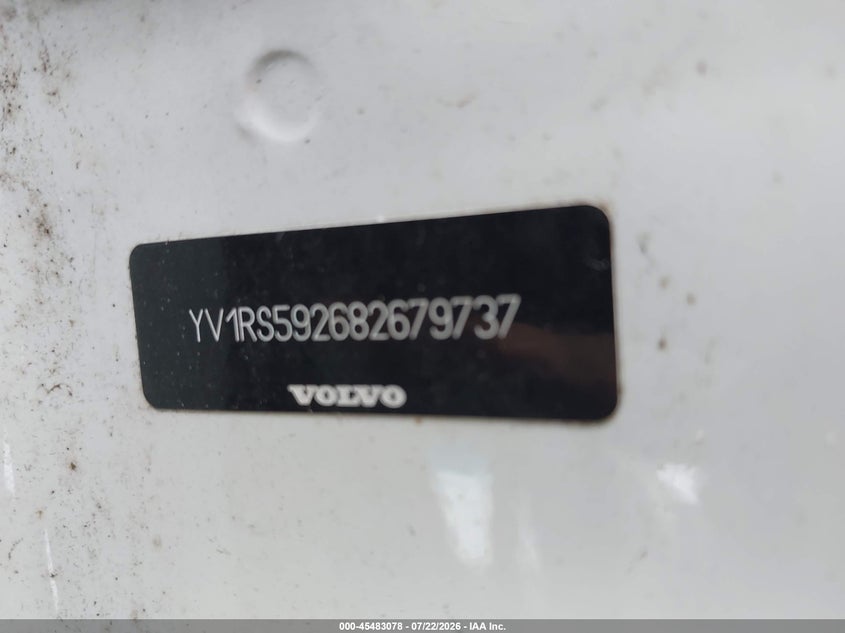 2008 Volvo S60 VIN YV1RS592682679737 IAAI salvage auction — RIGHT FRONT, Clear (Massachusetts), sold $100 on 2026-08-04 (photo 8)