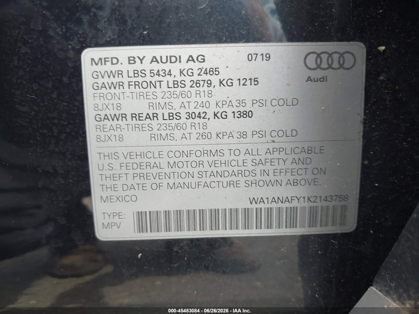 2019 Audi Q5 VIN WA1ANAFY1K2143758 IAAI salvage auction — REAR END, Salvage Title, sold $7,575 on 2026-08-26 (photo 9)
