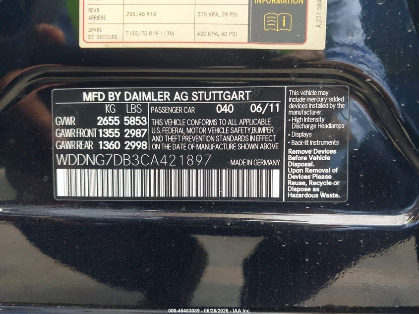 2012 Mercedes-benz S-klasse VIN WDDNG7DB3CA421897 IAAI salvage auction — NORMAL WEAR, Clear - Dealer Only (California), sold $1,200 on 2026-07-15 (photo 9)
