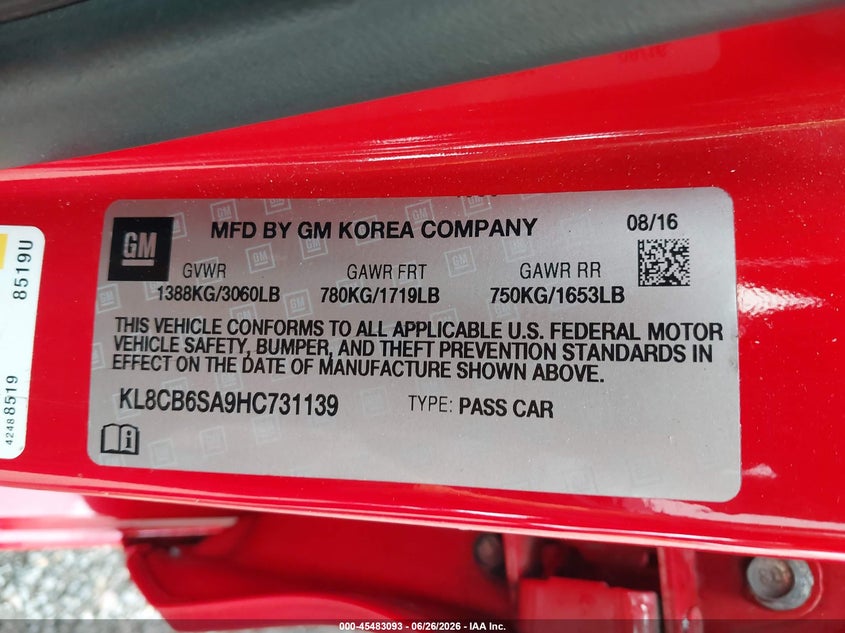 2017 Chevrolet Spark VIN KL8CB6SA9HC731139 IAAI salvage auction — LEFT SIDE, Salvage - Greater Than 75% (Maryland), sold $1,050 on 2026-07-15 (photo 9)