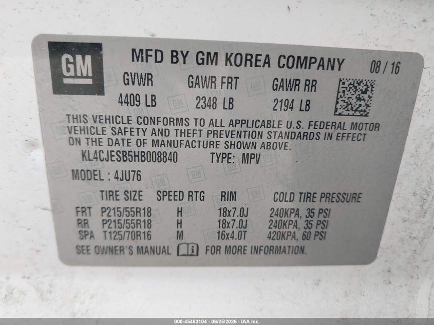 2017 Buick Encore VIN KL4CJESB5HB008840 IAAI salvage auction — RIGHT REAR, Mv-907A (New York), sold $425 on 2026-07-14 (photo 9)