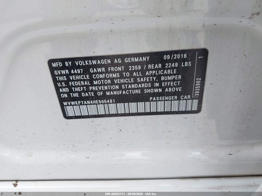 2017 Volkswagen Passat cc VIN WVWKP7AN4HE505481 IAAI salvage auction — SUSPENSION, Salvage Title, sold $575 on 2026-08-19 (photo 9)