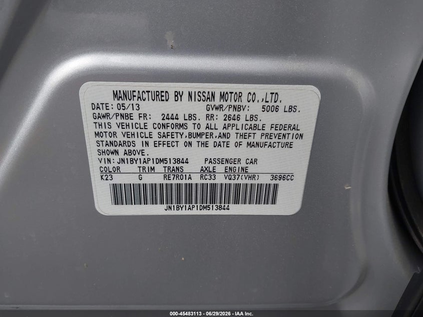 2013 Infiniti M VIN JN1BY1AP1DM513844 IAAI salvage auction — LEFT SIDE, Salvage Title, sold $1,000 on 2026-07-17 (photo 9)
