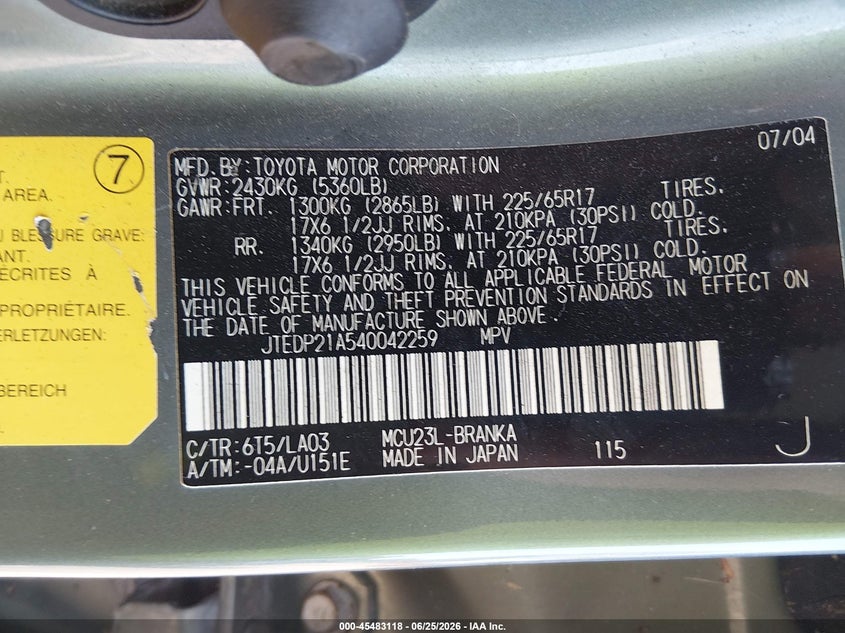 2004 Toyota Highlander VIN JTEDP21A540042259 IAAI salvage auction — NORMAL WEAR, Clear (Nevada), sold $1,025 on 2026-07-16 (photo 9)
