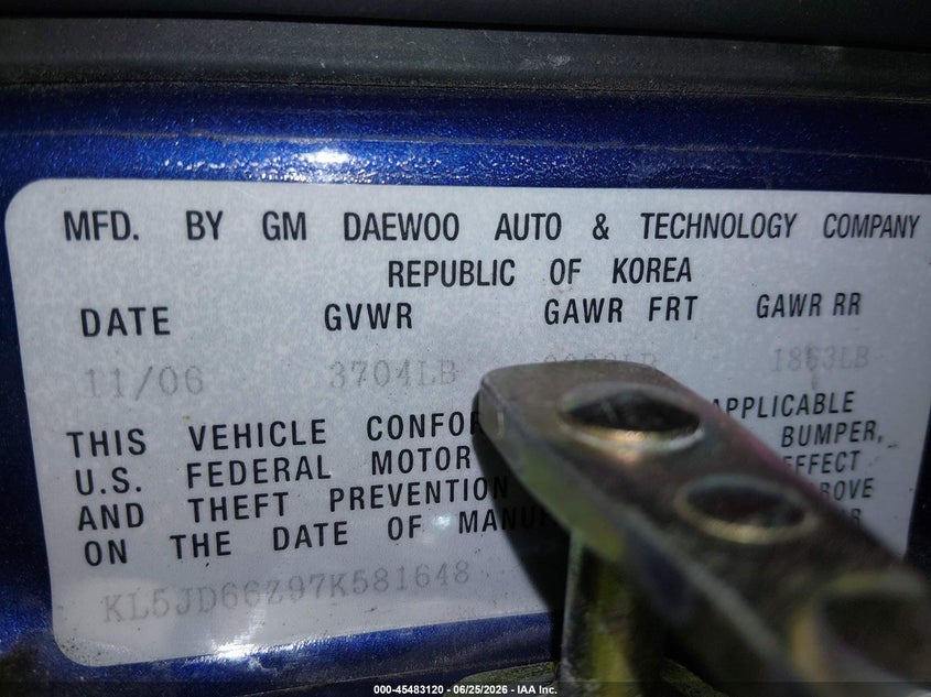 2007 Suzuki Reno VIN KL5JD66Z97K581648 IAAI salvage auction — FRONT END, Bill Of Sale (Alaska), sold $150 on 2026-07-08 (photo 9)