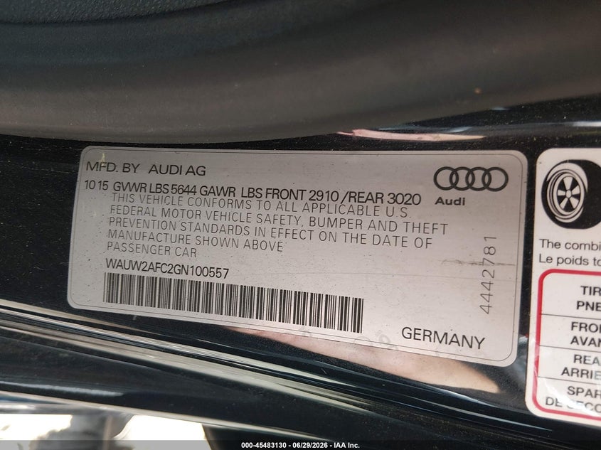 2016 Audi S7 VIN WAUW2AFC2GN100557 IAAI salvage auction — FRONT END, Salvage (Ohio), sold $2,750 on 2026-07-28 (photo 9)